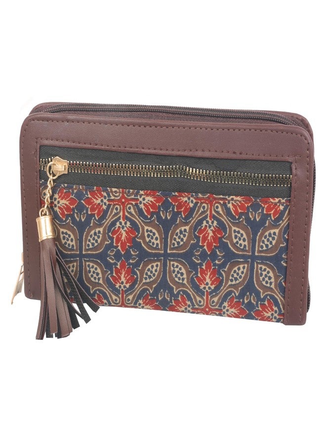 INDTRESOR Vegan Leather Clutch Wallet Women Evening Handbag Purse Cruelty Free Indian Handcrafted Arjakh Hand Block Floral Printed Blue and Maroon Color Cotton Fabric. - Image 1